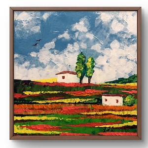 Pintura a óleo paisagem original, pintura em papelão, paisagem de verão, arte artesanal, natureza, sem moldura, paisagem de aldeia, arte de parede