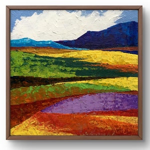 Pintura al óleo paisaje original, pintura sobre cartón, paisaje de campo, arte hecho a mano, naturaleza, sin marco, paisaje de montañas, arte de pared
