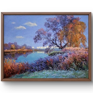 Oil painting landscape original, oil painting on canvas, quiet view on the river bank with a bright tree, handmade art, unframed, wall art