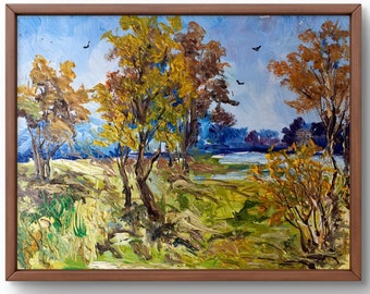 Origineel landschapsolieverfschilderij, schilderen op karton, boslandschap, handgemaakte kunst, natuur, niet ingelijst, zomerlandschap, muurkunst