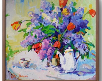 Oil painting still life original, painting on canvas, flowers still life, handmade art, nature, unframed, red flowers still life, wall art