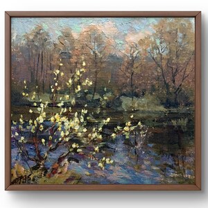 Pintura a óleo paisagem original, pintura em papelão, paisagem de rio, arte artesanal, natureza, sem moldura, paisagem de primavera, arte de parede