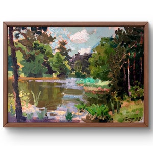 Pintura al óleo paisaje original, pintura sobre cartón, paisaje de verano, arte hecho a mano, naturaleza, sin marco, paisaje forestal, arte de pared