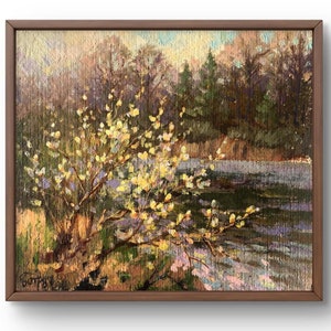 Pintura al óleo paisaje original, pintura sobre cartón, paisaje de río, arte hecho a mano, naturaleza, sin marco, paisaje forestal, arte de pared