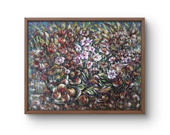 Ölgemälde Stillleben original Ölgemälde auf Leinwand Herbst braune Blumen handgemachte Kunst Natur umrahmt grün Stillleben Wandkunst