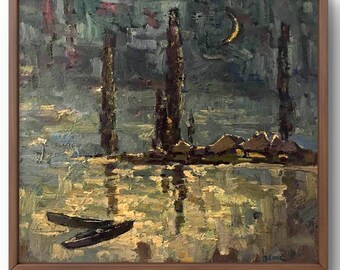 Oil painting landscape original oil painting on canvas a calm, moonlit scene by the water landscape handmade art unframed landscape