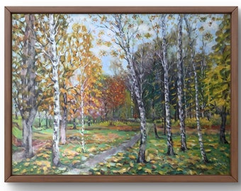 Dipinto a olio originale, paesaggio, betulle che si ergono tra foglie che cadono e paesaggio, arte fatta a mano, senza cornice, arte murale
