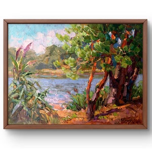Pintura al óleo paisaje original, pintura sobre cartón, paisaje de lago, arte hecho a mano, naturaleza, sin marco, paisaje forestal, arte de pared