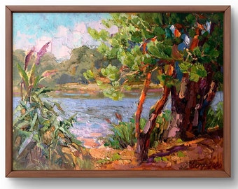 Oil painting landscape original, painting on cardboard, lake landscape, handmade art, nature, unframed, forest landscape, wall art