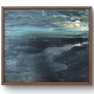 Pintura al óleo original de paisaje, pintura al óleo sobre cartón, una escena melancólica y atmosférica en colores oscuros y profundos, arte hecho a mano, sin marco