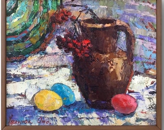Original Oil Painting Still Life: Rustic Jug, Flowers & Eggs
