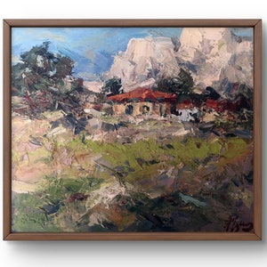 Pintura al óleo paisaje original, pintura sobre cartón, paisaje de montaña, arte hecho a mano, naturaleza, sin marco, paisaje de pueblo, arte de pared