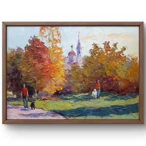 Oil painting landscape original, oil painting, bright autumn scene in the park and church in the background, handmade art, unframed