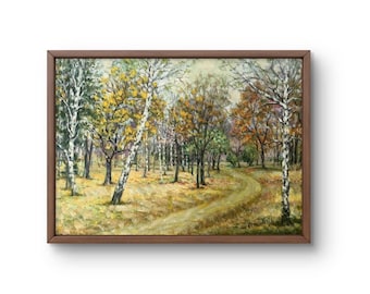 Landscape original oil painting on canvas autumn forest yellow landscape handmade art nature framed brown landscape wall art