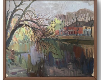 Oil painting landscape original oil painting leaning tree over reflecting water and houses landscape handmade art unframed landscape
