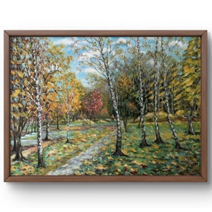 Pintura a óleo de paisagem original, pintura a óleo, bétulas brilhantes entre folhas caídas de outono, arte feita à mão, emoldurada, arte de parede