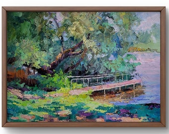 Oil painting landscape original, oil painting on canvas, a tranquil coastal scene with lush greenery, handmade art, unframed, wall art