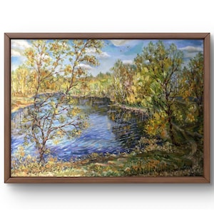 Oil painting landscape original, oil painting on canvas, serene coastal landscape with lush green trees, handmade art, unframed, wall art