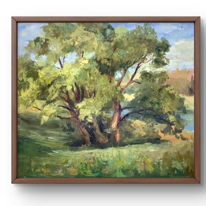 Pintura al óleo paisaje original, pintura sobre cartón, paisaje de árboles, arte hecho a mano, naturaleza, sin marco, paisaje forestal, arte de pared
