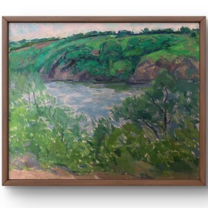 Pintura a óleo paisagem original, pintura em papelão, paisagem de rio, arte artesanal, natureza, sem moldura, paisagem de árvores, arte de parede