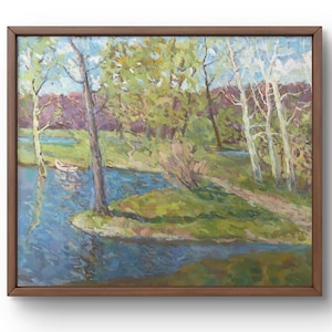 Pintura a óleo paisagem original, pintura em papelão, paisagem florestal, arte artesanal, natureza, sem moldura, paisagem de lagoa, arte de parede