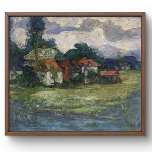 Paisaje pintado al óleo original, pintura al óleo sobre cartón, tranquilidad y calma en las afueras rurales de verano cerca del río, arte hecho a mano, sin marco