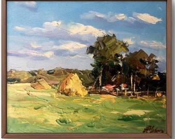素朴な田舎の風景油絵：夏の田園風景、アートワーク8x8 - Etsy 日本