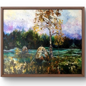 Pintura al óleo paisaje original, pintura al óleo sobre cartón, paisaje otoñal con campos de heno junto al río, rodeado de árboles, arte hecho a mano