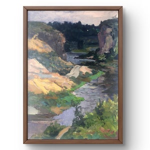 Pintura al óleo paisaje original, pintura al óleo sobre cartón, río azul rodeado de llanuras arenosas, arte hecho a mano, sin marco, arte de pared