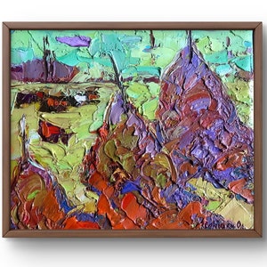 Oil painting landscape original, oil painting on canvas, bright and abstract rural landscape with rich colors, handmade art, unframed