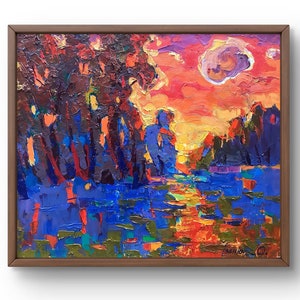 Oil painting landscape original, oil painting on canvas, bright sunset over the river with reflection of fiery shades, handmade art,wall art
