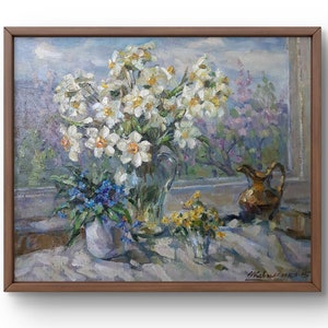Oil painting still life original, oil painting on canvas, delicate bouquet of daffodils and wild flowers in a vase, handmade art, unframed