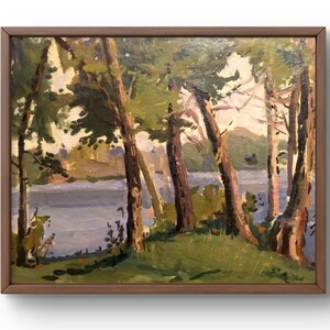 Pintura a óleo paisagem original, pintura a óleo sobre papelão, paisagem calma do rio com árvores frondosas no fundo da água, arte feita à mão