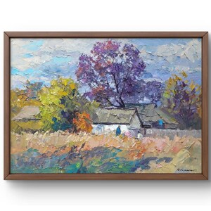 Pintura a óleo paisagem original, pintura a óleo sobre papelão, paisagem serena de vila com árvores de outono, arte feita à mão, sem moldura, arte de parede