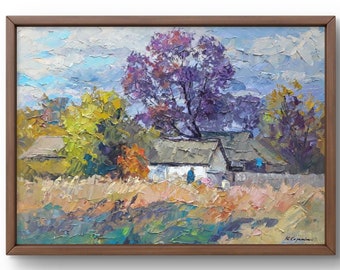Oil painting landscape original, oil painting on cardboard, serene village landscape with autumn trees, handmade art, unframed, wall art