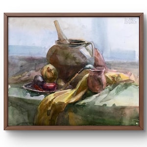 Dipinto ad acquerello natura morta originale, dipinto su carta, natura morta di cibo, arte fatta a mano, interno, senza cornice, natura morta di brocca, arte murale