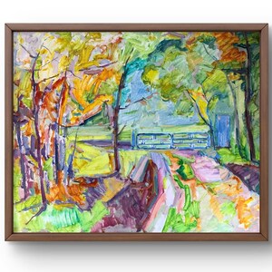 Pintura al óleo paisaje original, pintura sobre cartón, paisaje de árboles, arte hecho a mano, naturaleza, sin marco, paisaje de parque, arte de pared