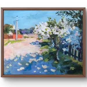Pintura al óleo paisaje original, pintura sobre cartón, paisaje de pueblo, arte hecho a mano, naturaleza, sin marco, paisaje de carretera, arte de pared