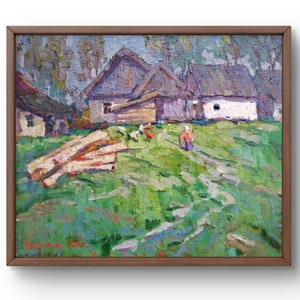 Oil painting landscape original, painting on canvas, village landscape, handmade art, nature, unframed, forest landscape, wall art