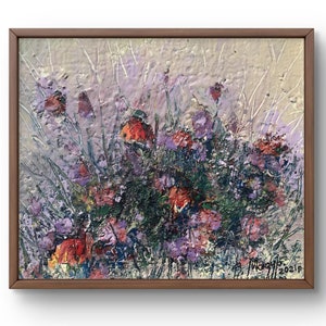 Oil painting still life original, oil painting, scene of colorful red flowers on purple background, handmade art, unframed, wall art