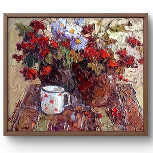 Oil painting still life original, oil painting on canvas, still life with bright flowers and a mug on the table, handmade art, unframed