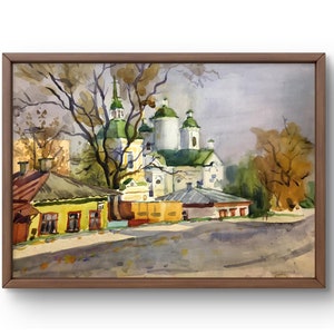 Pintura de acuarela paisaje original, pintura de acuarela sobre cartón, iglesia histórica al fondo, arte hecho a mano, sin marco