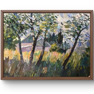 Pintura a óleo paisagem original, pintura em papelão, paisagem florestal, arte artesanal, natureza, sem moldura, paisagem de casa, arte de parede