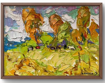Oil painting landscape original, oil painting on canvas, pastoral landscape with trees and grazing animals, handmade art, unframed, wall art