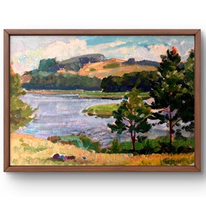 Pintura al óleo paisaje original, pintura sobre cartón, paisaje de verano, arte hecho a mano, sin marco, paisaje de río, arte de pared, decoración de pared