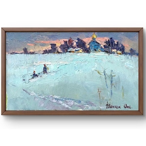 Oil painting landscape original, painting on canvas, winter landscape, handmade art, nature, unframed, snow landscape, wall art