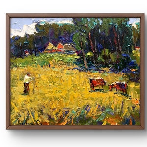Oil painting landscape original, painting on canvas, meadows landscape, handmade art, nature, unframed, trees landscape, wall art