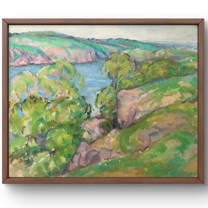 Pintura a óleo paisagem original, pintura em papelão, paisagem rochosa, arte artesanal, natureza, sem moldura, paisagem fluvial, arte de parede