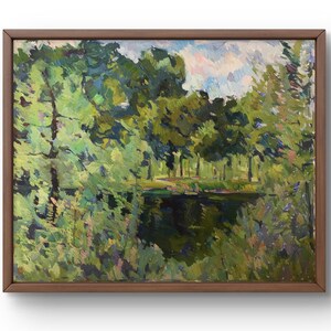 Pintura a óleo paisagem original, pintura em papelão, paisagem florestal, arte artesanal, natureza, sem moldura, paisagem de lagoa, arte de parede