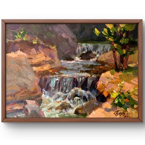 Pintura al óleo paisaje original, pintura sobre cartón, paisaje de cascada, arte hecho a mano, naturaleza sin marco, paisaje forestal, arte de pared